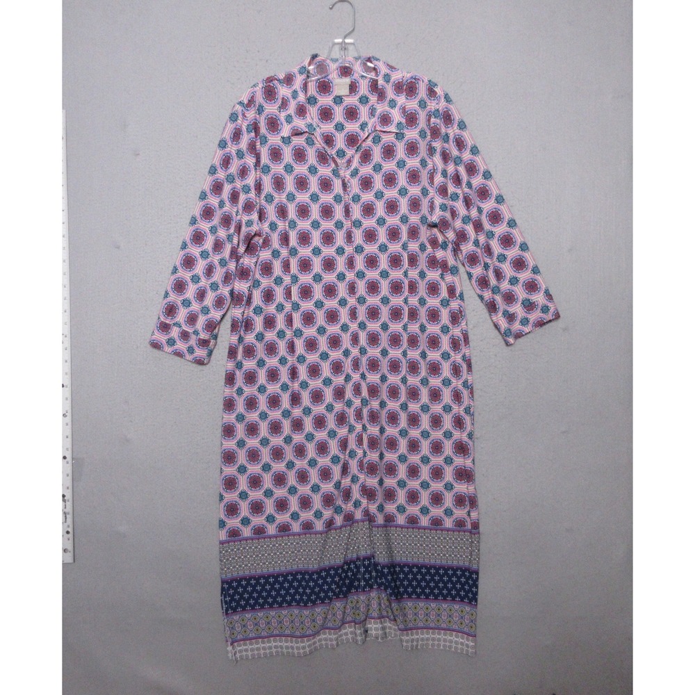 Chicos Shirt Dress 3 Pink Blue Geometric Mandala Button Midi Comfort Easy Wear